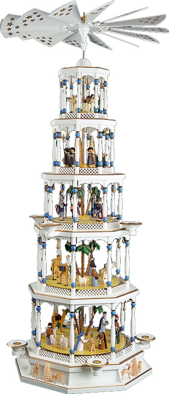 Richard Gläser Weihnachtspyramide Christi Geburt 5stöckig mit Spielwerk weiß