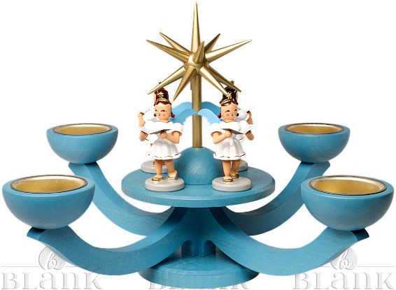 Blank Adventsleuchter mit Teelichthalter und 4 stehenden Engeln, blau