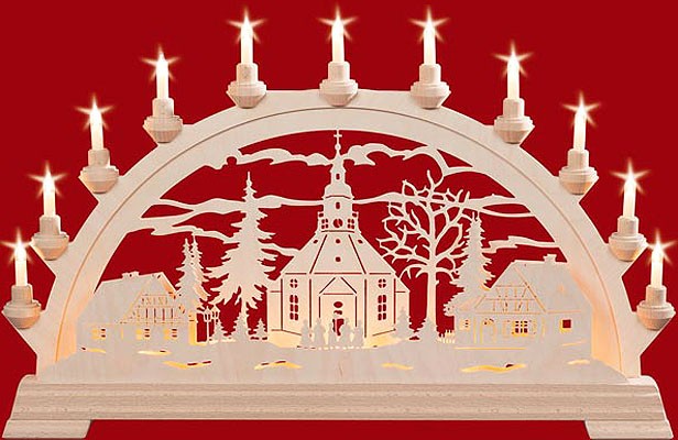 Taulin elektr. Schwibbogen, doppelt Seiffener Kirche + Zaun Kurrende, Häuser 