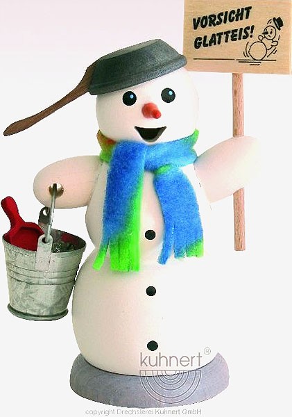 Drechslerei Kuhnert Räuchermann Schneemann mit Schild Vorsicht Glatteis