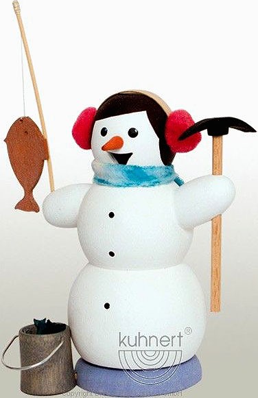 Drechslerei Kuhnert Räuchermann Schneemann als Eisangler