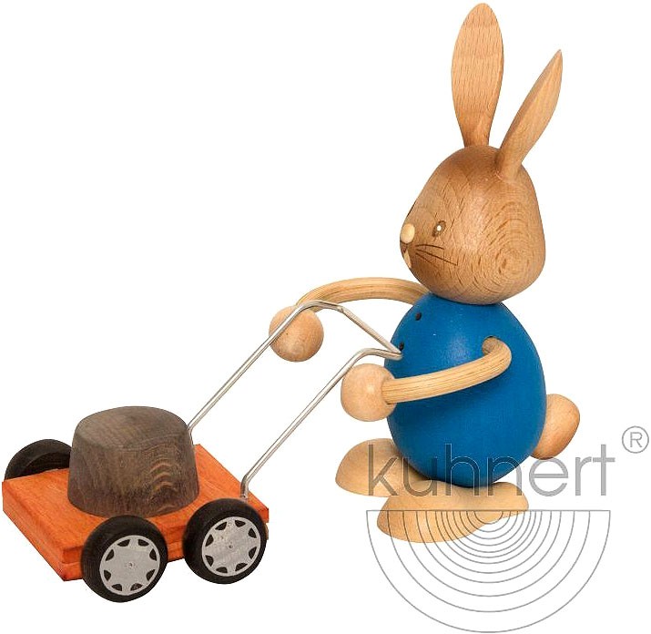 Drechslerei Kuhnert Stupsi Hase mit Rasenmäher