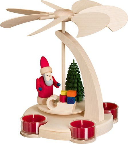 Seiffener Volkskunst Bogenpyramide klein, Weihnachtsmann mit Schlitten
