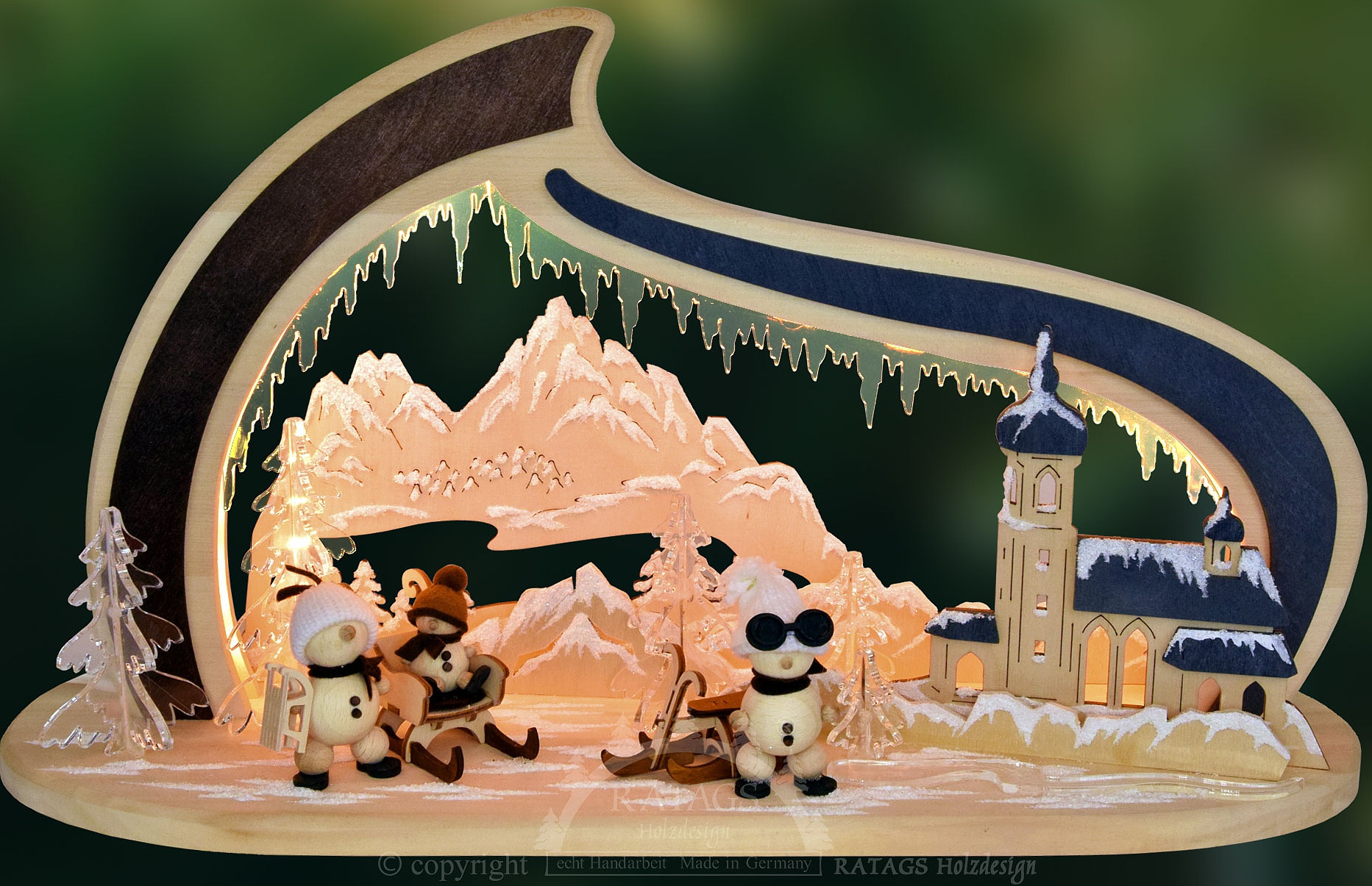 RATAGS Schwibbogen Bergkirche mit Snow-Mollis, Massivholz