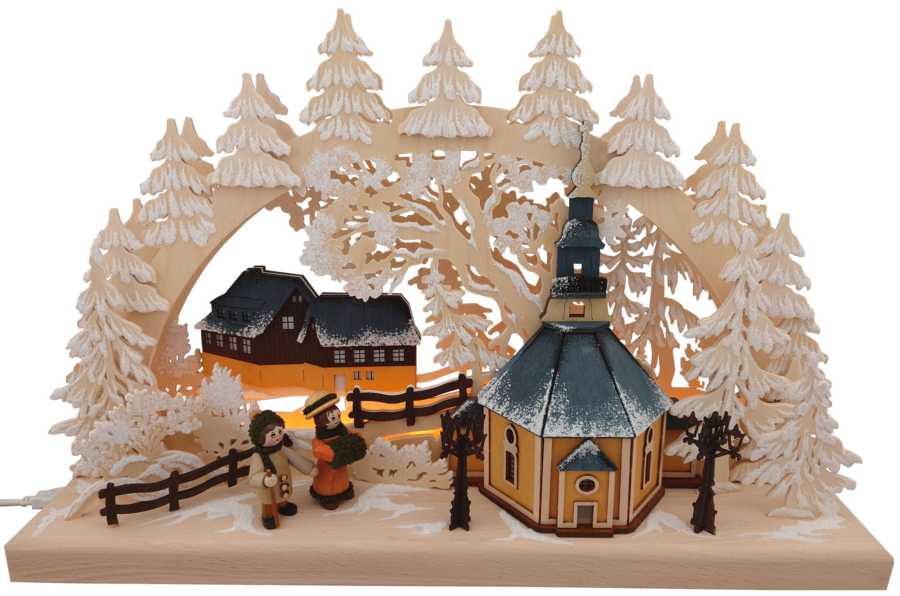 3D LED-Schwibbogen - klein, Dorf Seiffen mit Kirche