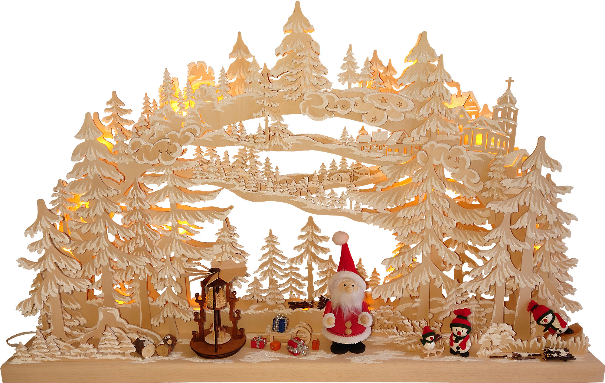 RATAGS Holzdesign 3D-Schwibbogen gross, Weihnachtsmann, Schneemänner, mit Raureif