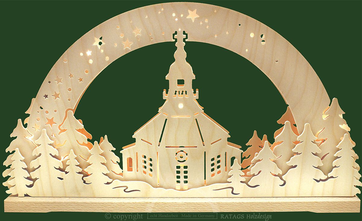 Ratags Schwibbogen Kirche in Seiffen, klein