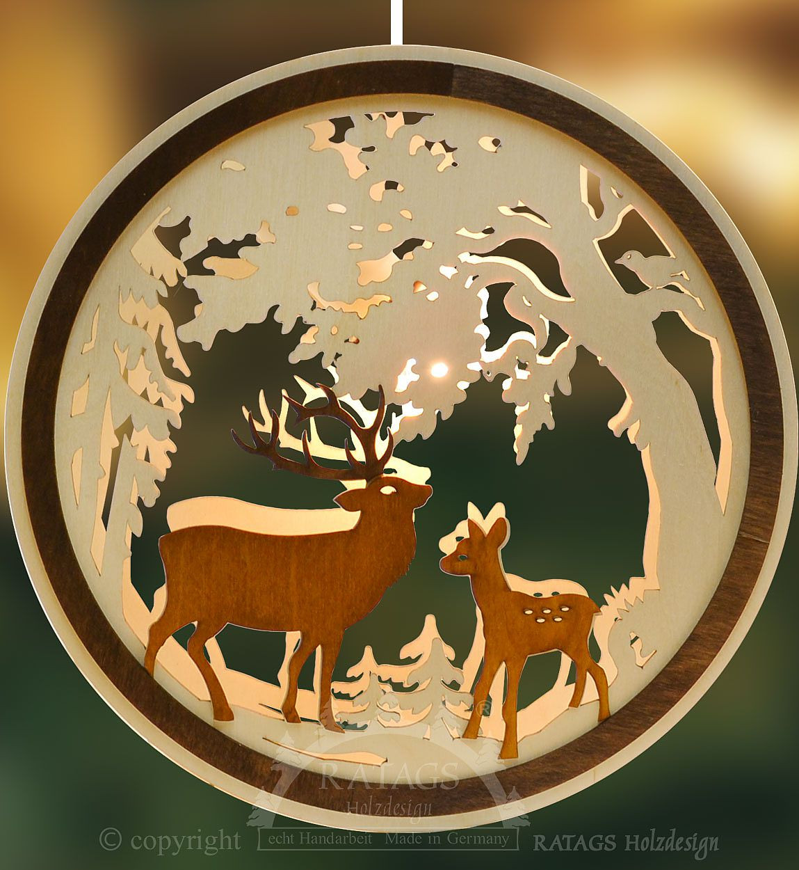 Ratags Beleuchtetes Fensterbild Hirsch und Reh braun-natur, rund