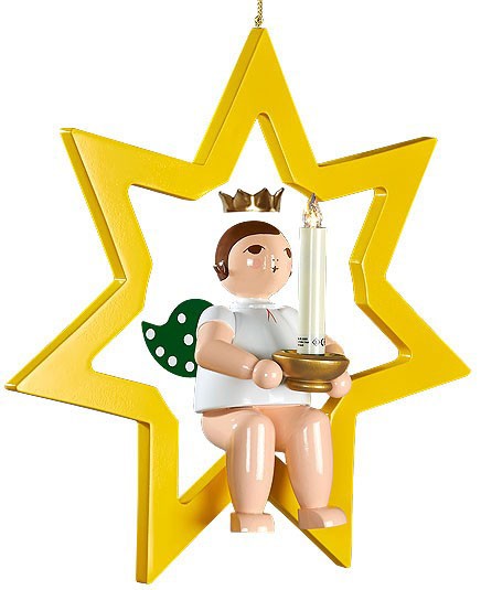 Ellmann großer Engel im Stern mit Tülle für Kerze oder Lumix-LED - hängend, mit Krone