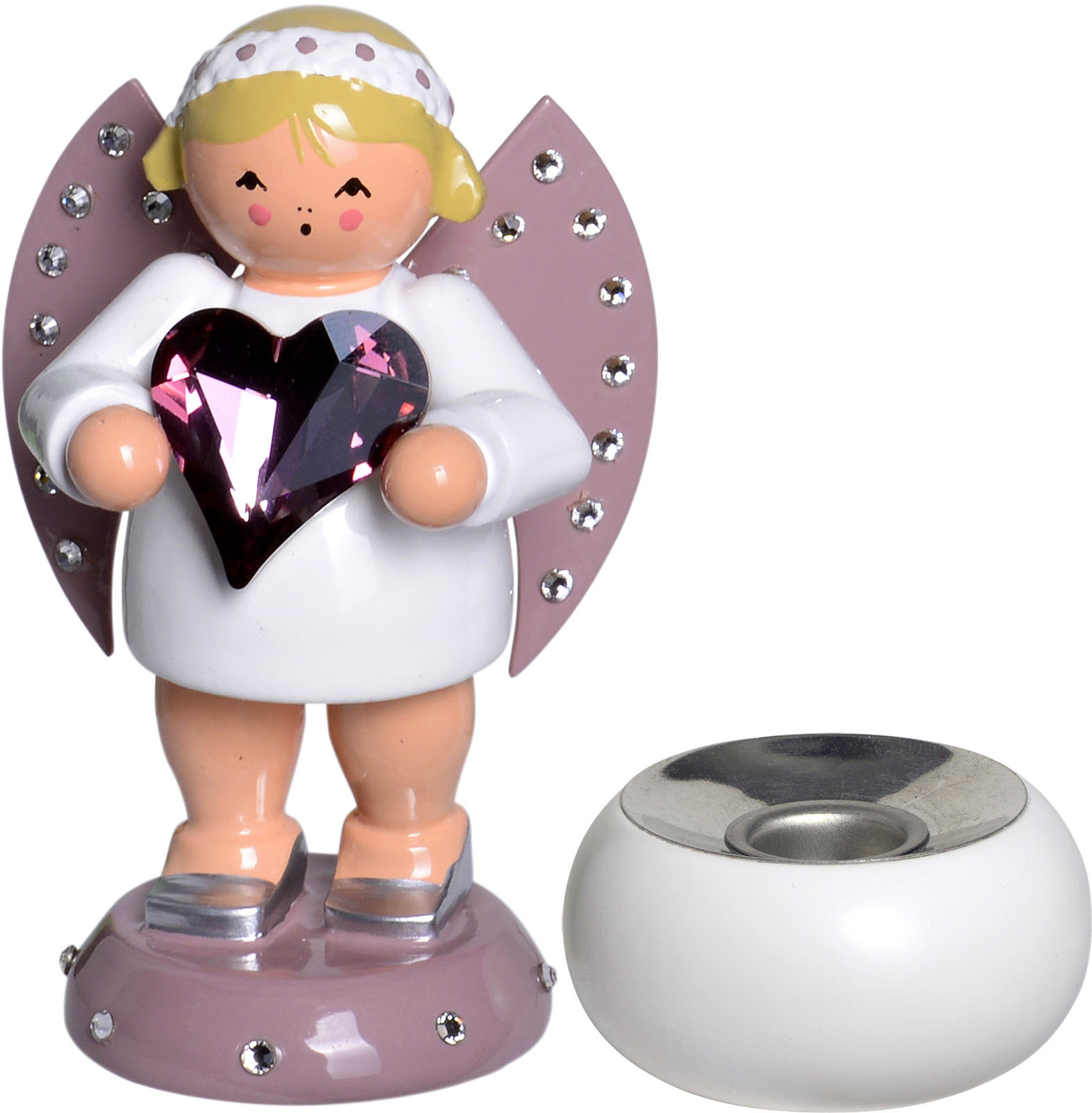 KWO Glücksbote mit lila Swarovski-Herz und Kerzensockel