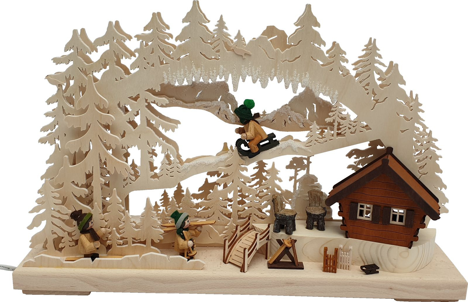 Ratags Holzdesign 3D-Schwibbogen klein Skihütte in den Bergen
