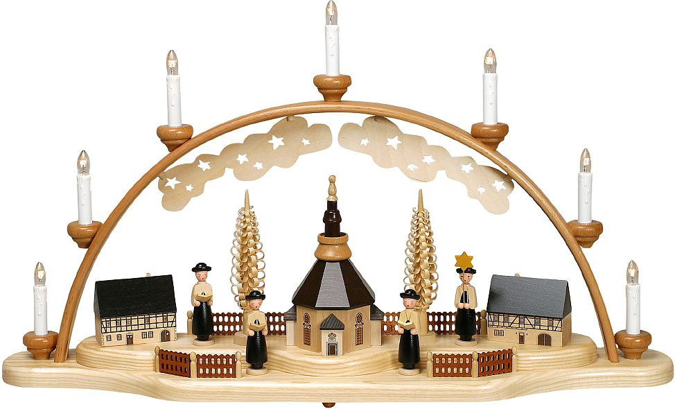 Zeidler Schwibbogen mit Seiffener Kirche u. großer Kurrende, elek. bel., 7 Kerzen