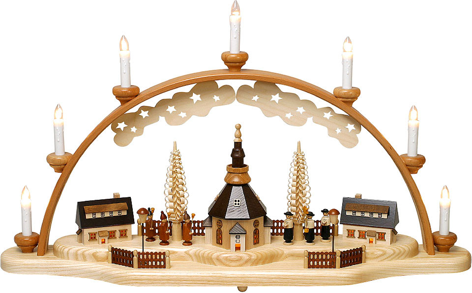Zeidler Schwibbogen Seiffener Kirche mit Häusern, Kurrende und Laternenkinder