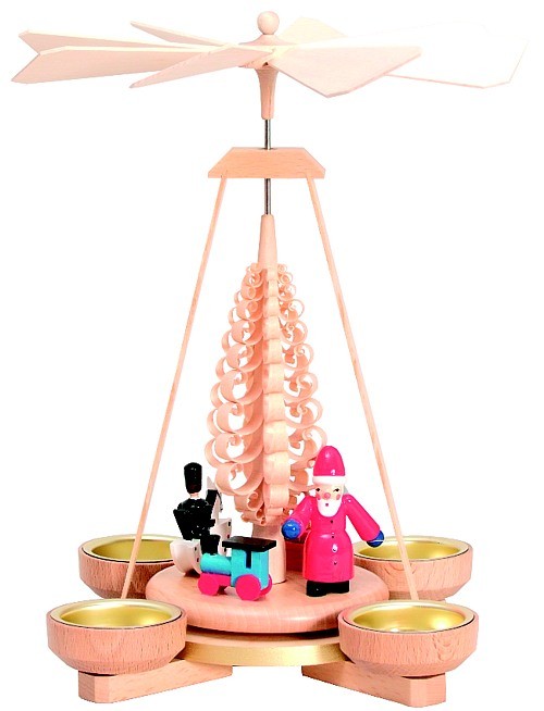 Seiffener Handwerksschau Weihnachtspyramide Spielzeug, Gestell natur, farbige Figuren