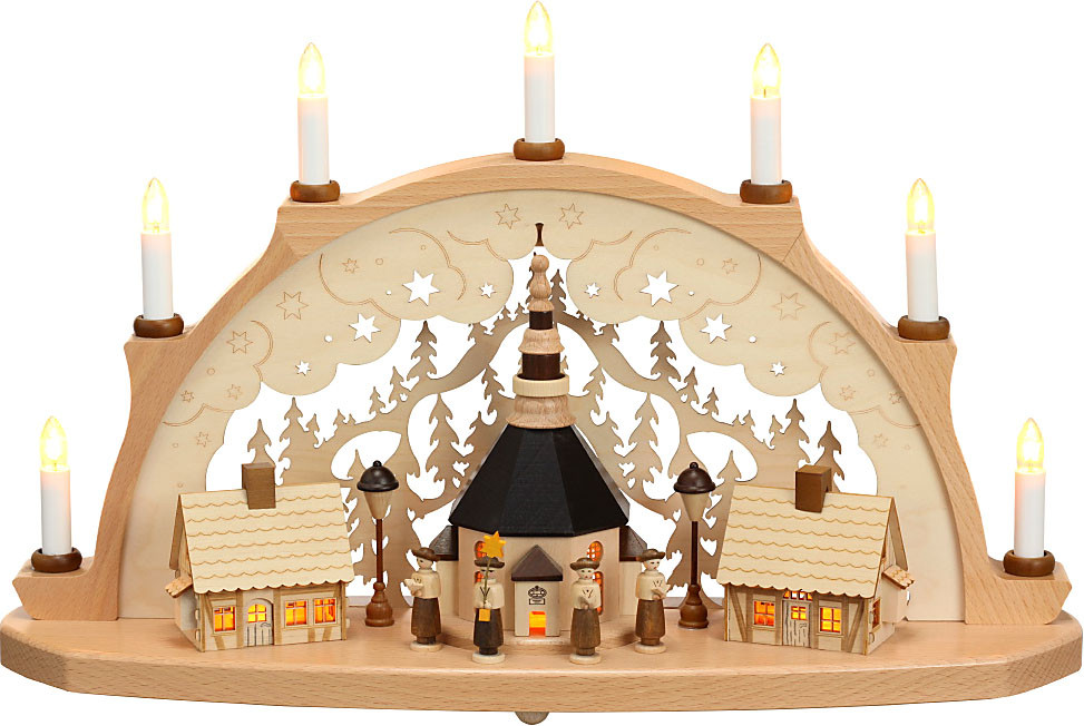 Zeidler Schwibbogen Seiffener Kirche, beleuchtet Häuser