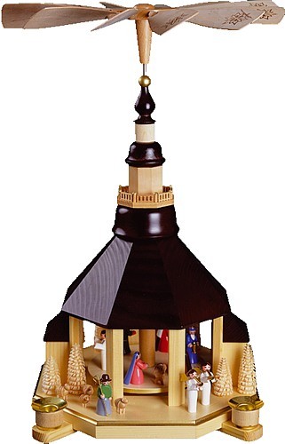 Richard Glässer Weihnachtspyramide Kirche dunkel, Christi Geburt, bunt