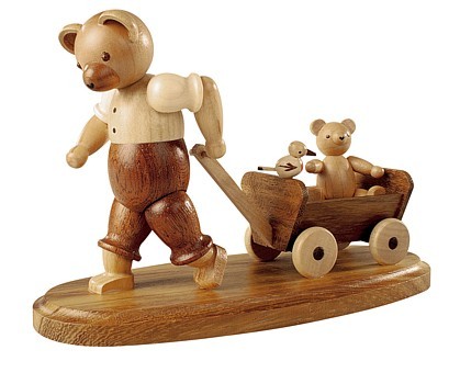 KleinkunstMüller Bärenvater mit Kind auf Bollerwagen klein, natur