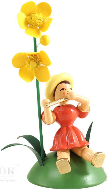 Blank Blumenkind mit Butterblume und Piccoloflöte, sitzend, farbig