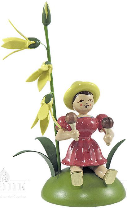 Blank Blumenkind mit Forsythie und Rumbakugel, sitzend, farbig