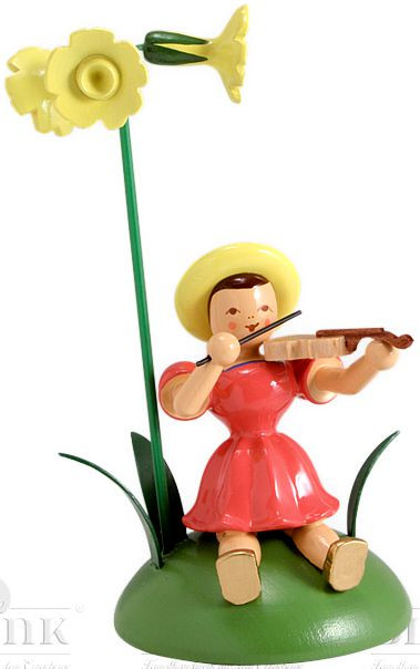 Blank Blumenkind mit Primel und Violine, sitzend, farbig