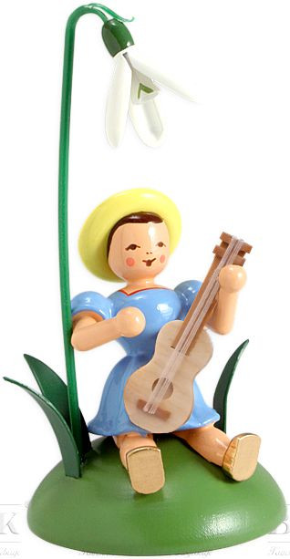 Blank Blumenkind mit Schneeglöckchen und Gitarre, sitzend, farbig