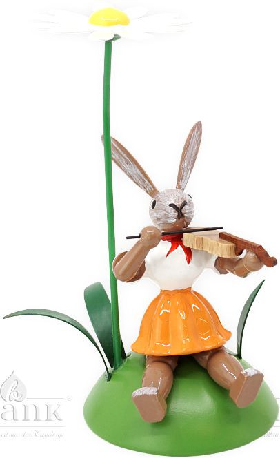 Blank Osterhase sitzend mit Margerite und Violine, farbig