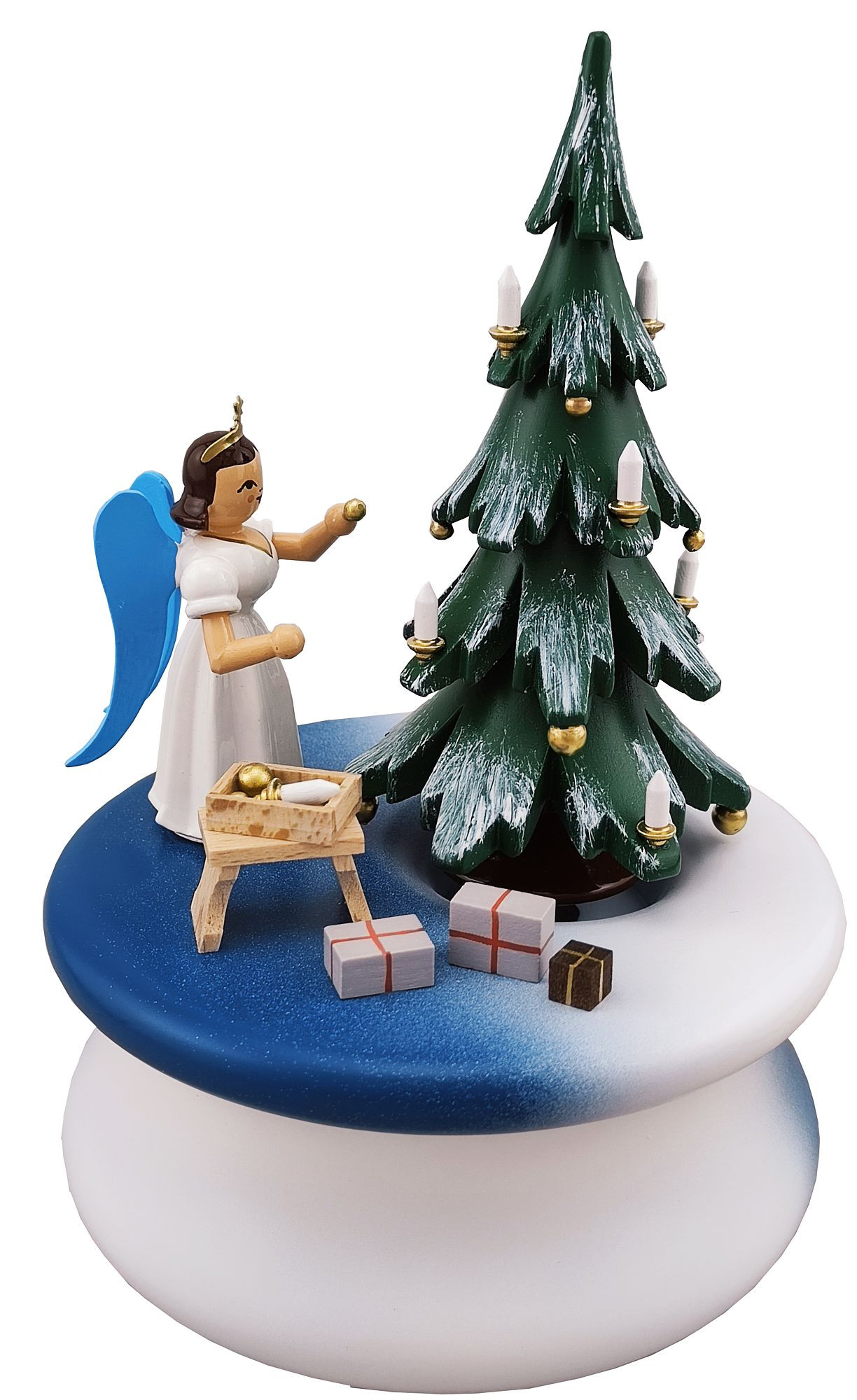 Blank Spieldose Weihnachtstraum mit Baum und Langrockengel, farbig