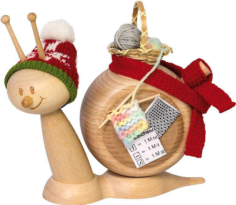 Drechslerei Kuhnert Räucherfigur Schnecke mit Strickzeug