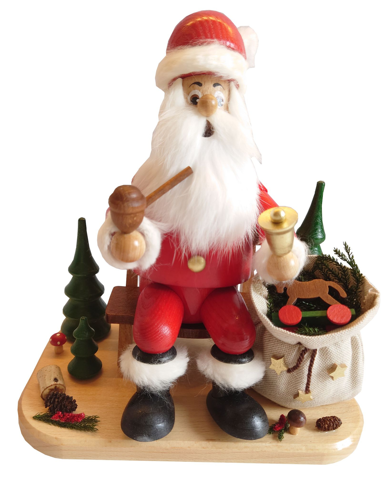 Räuchermann Weihnachtsmann auf Bank mit Sack