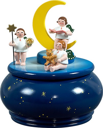 Ellmann Spieldose - Engeltrio mit Mond / blau mit Sternen