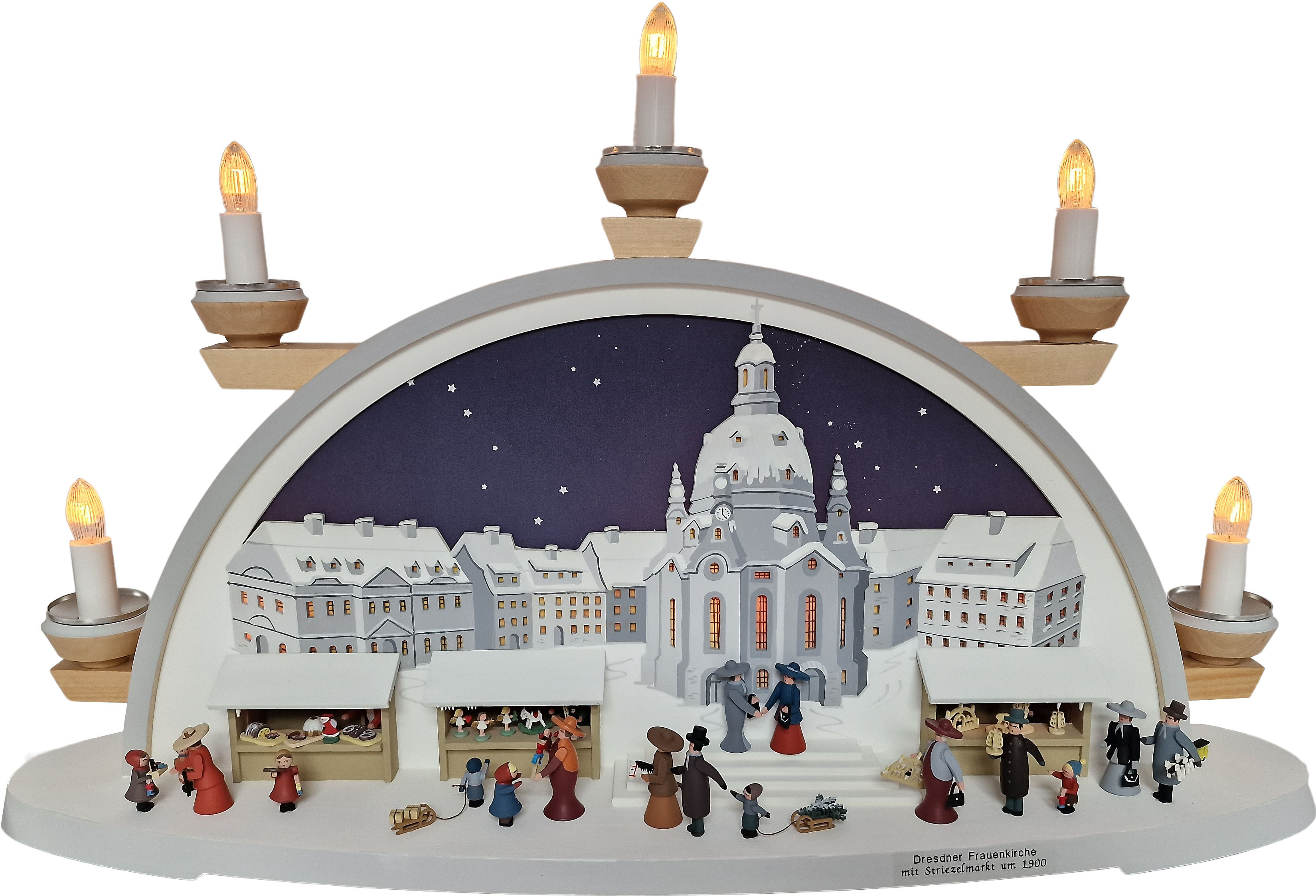 Manufaktur Klaus Kolbe Schwibbogen Frauenkirche mit Striezelmarkt um 1900