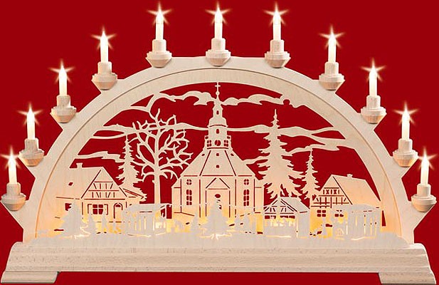 Taulin elektr. Schwibbogen, Seiffener Kirchemit Zaun und Weihnachtsmarkt 65cm mit Vorbeleuchtung