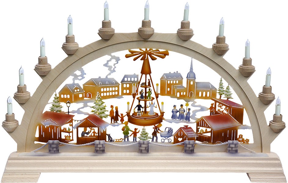 Taulin elektr. Schwibbogen Weihnachtsmarkt, farbig 65cm mit Vorbeleuchtung