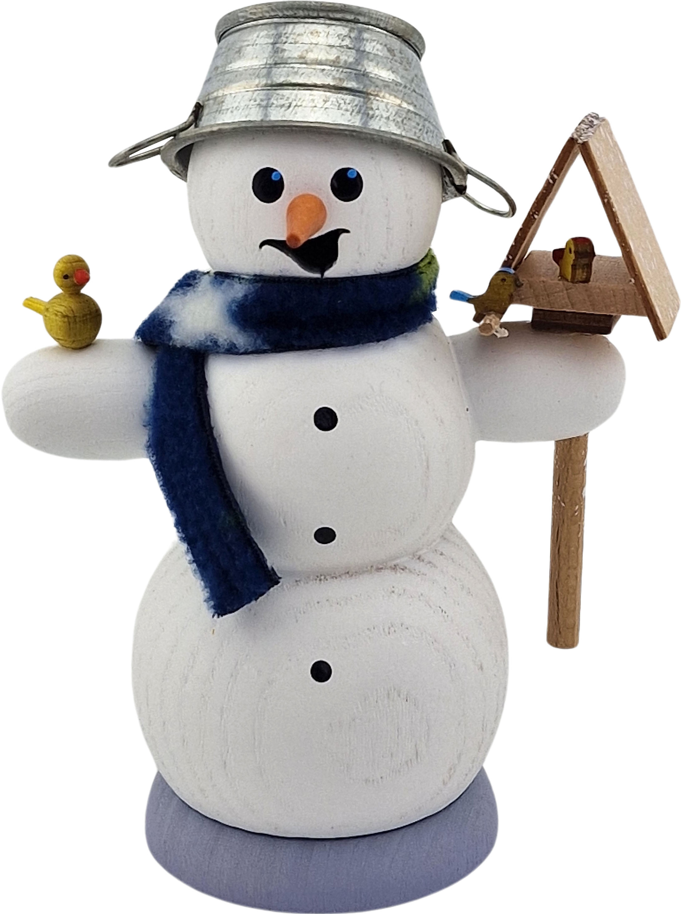 Drechslerei Kuhnert Räuchermann Schneemann mit Vogelhaus und Vogel