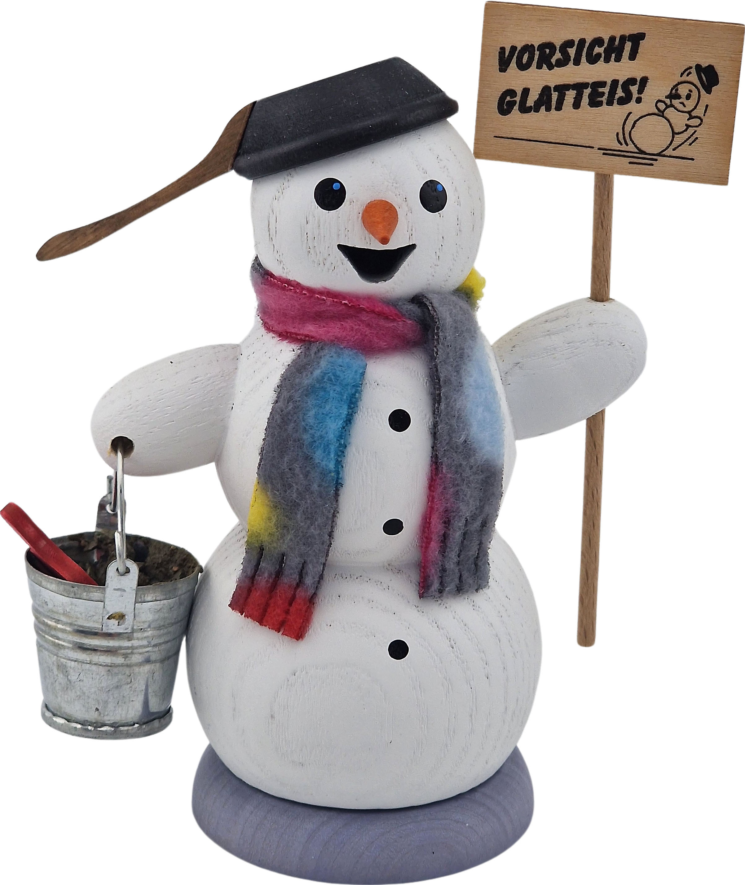 Drechslerei Kuhnert Räuchermann Schneemann mit Schild Vorsicht Glatteis