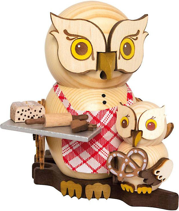 Drechslerei Kuhnert Räucherfigur Eule Weihnachtsbäckerei mit Kind