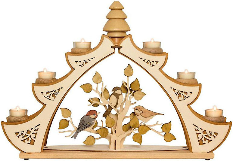 Drechslerei Kuhnert Teelichtbogen mit Räuchertanne - Motiv Vögel