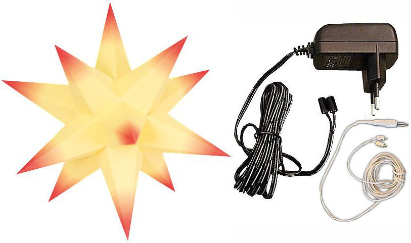 Marienberger Adventstern - gelber Kern, rote Spitzen, mit Beleuchtung