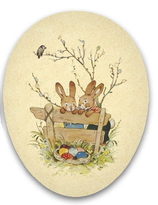 Nestler Osterei Best of Happiness, 2 Hasen auf Bank, 12cm