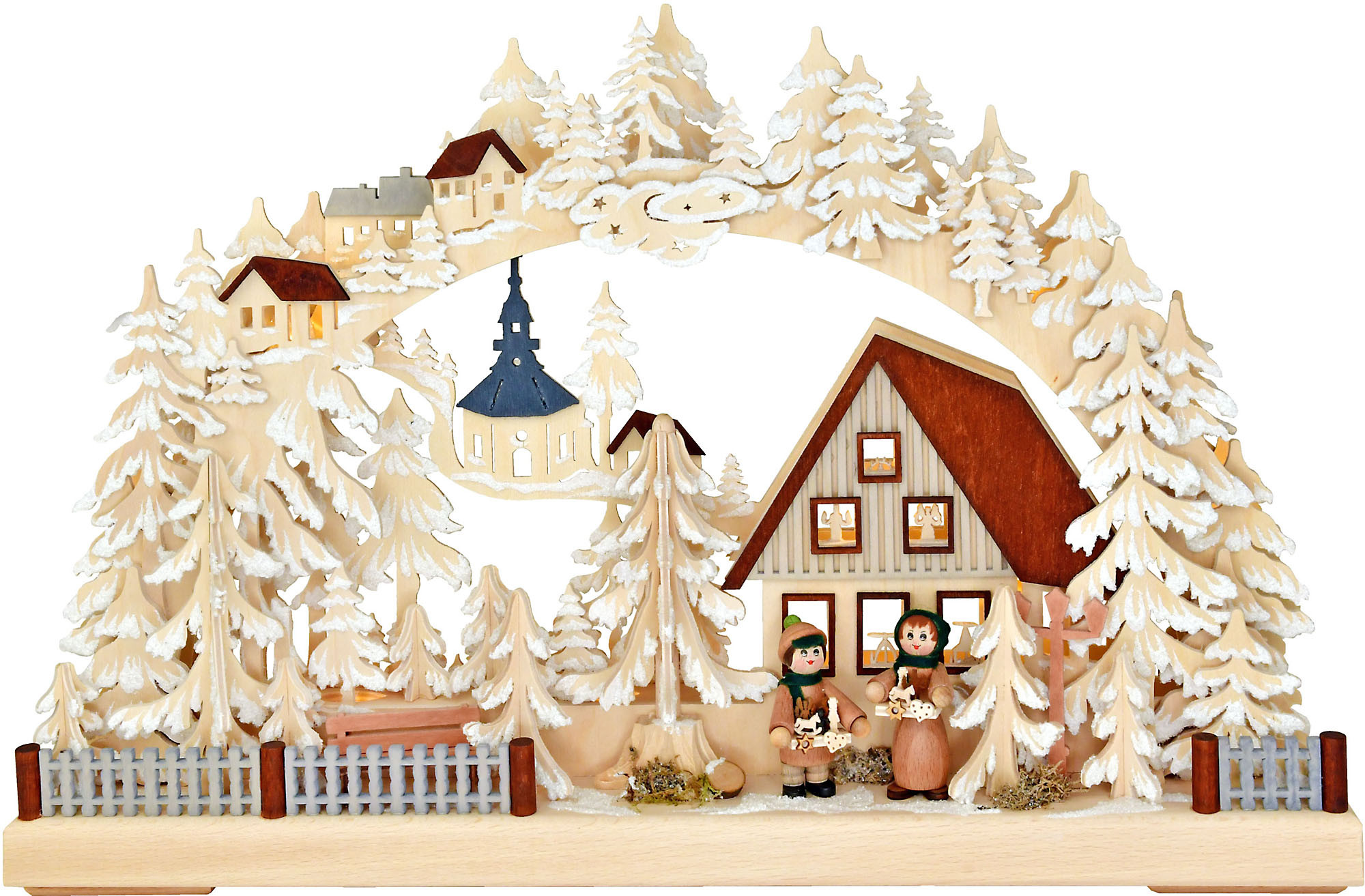 Ratags 3D Schwibbogen Striezelkinder an der Tanne, klein, Raureif