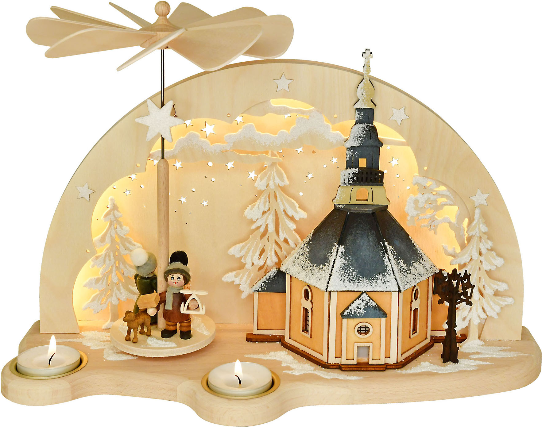 Ratags Schwibbogen-Pyramide Bergkirche Seiffen, Raureif, LED-Beleuchtung, USB