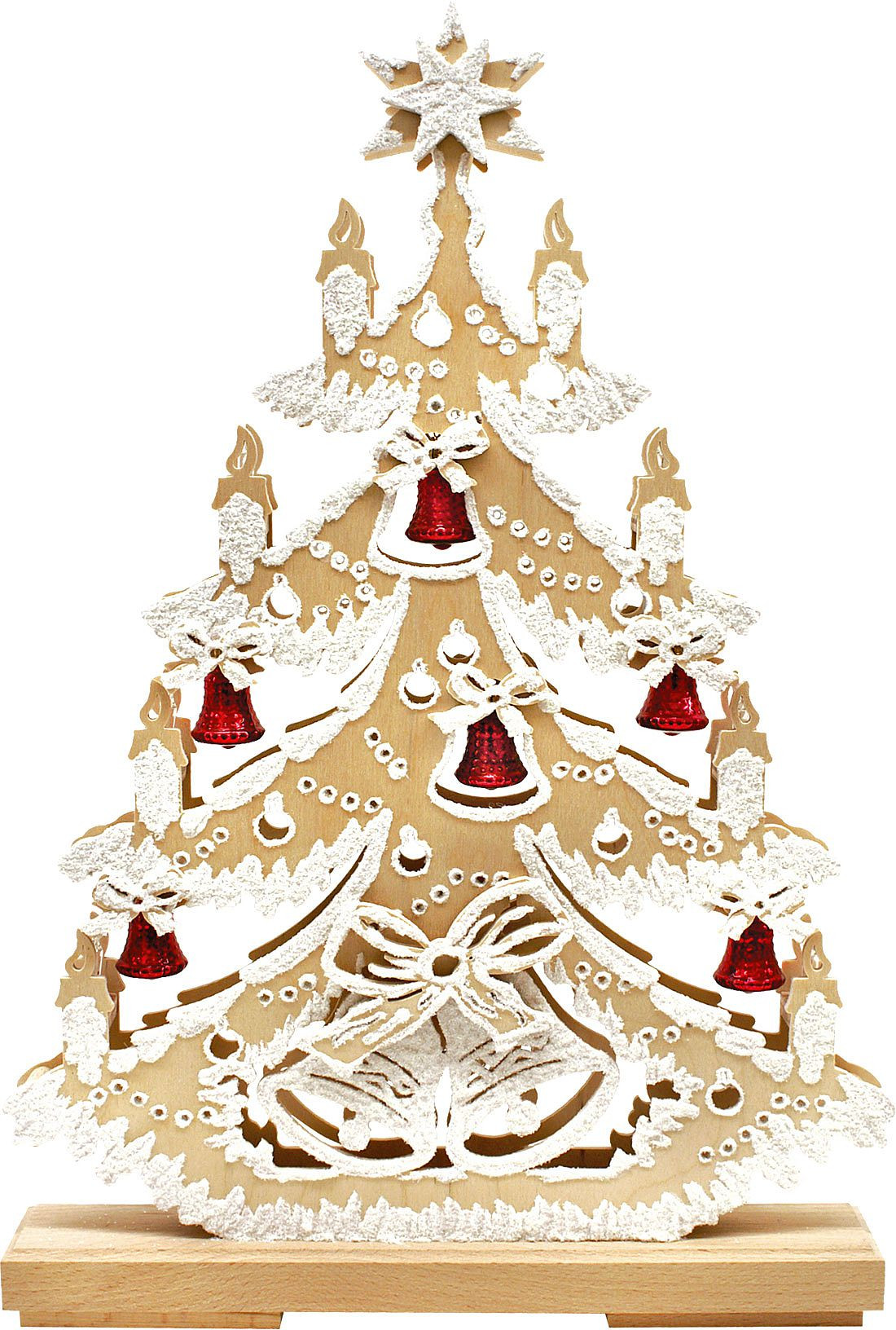 Ratags Holzdesign 3D-Schwibbogen Tanne mit 6 roten Glöckchen, Raureif, klein