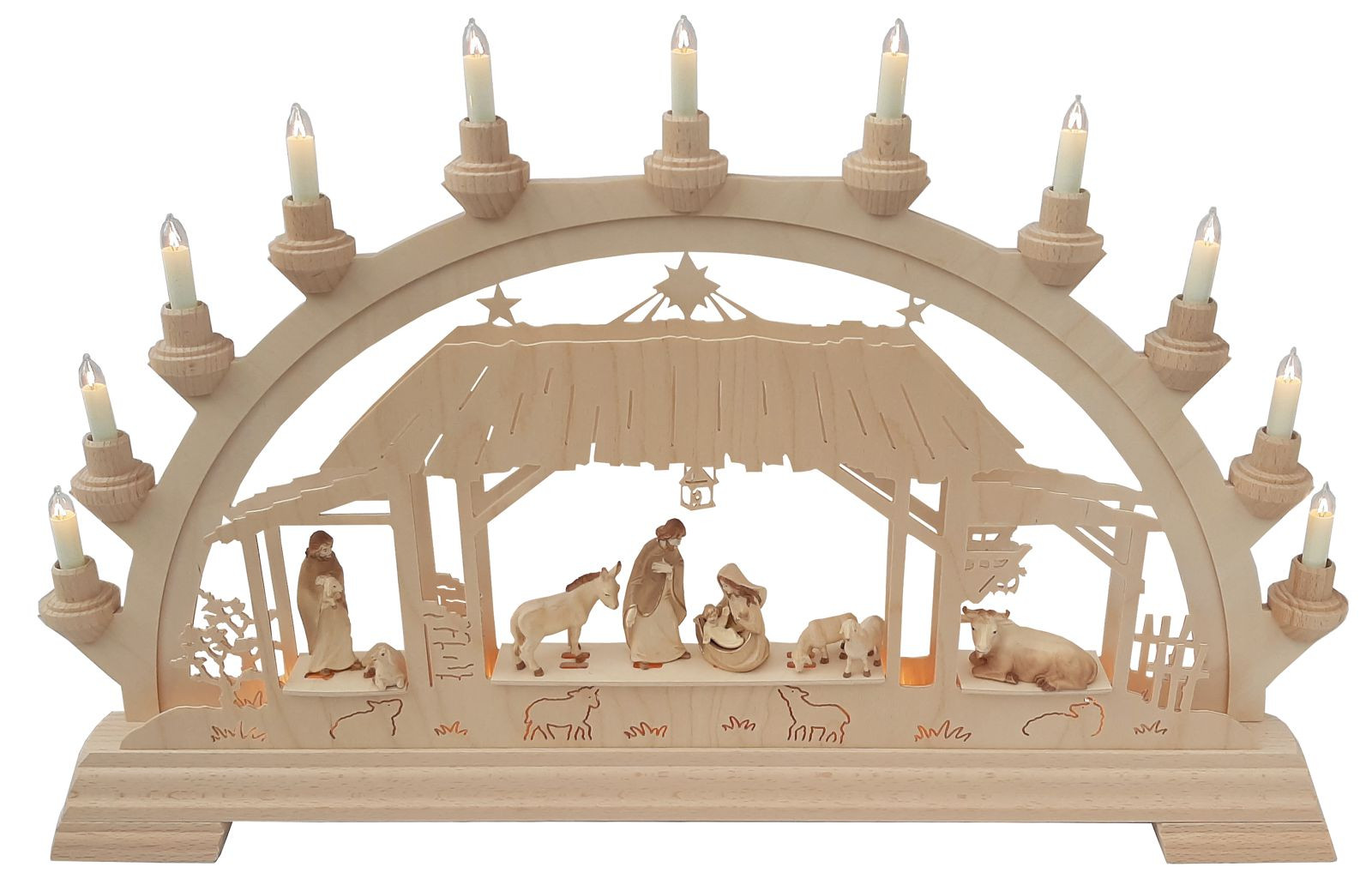 Taulin Schwibbogen Christgeburt im Stall mit Figuren gebeizt 65cm mit Vorbeleuchtung
