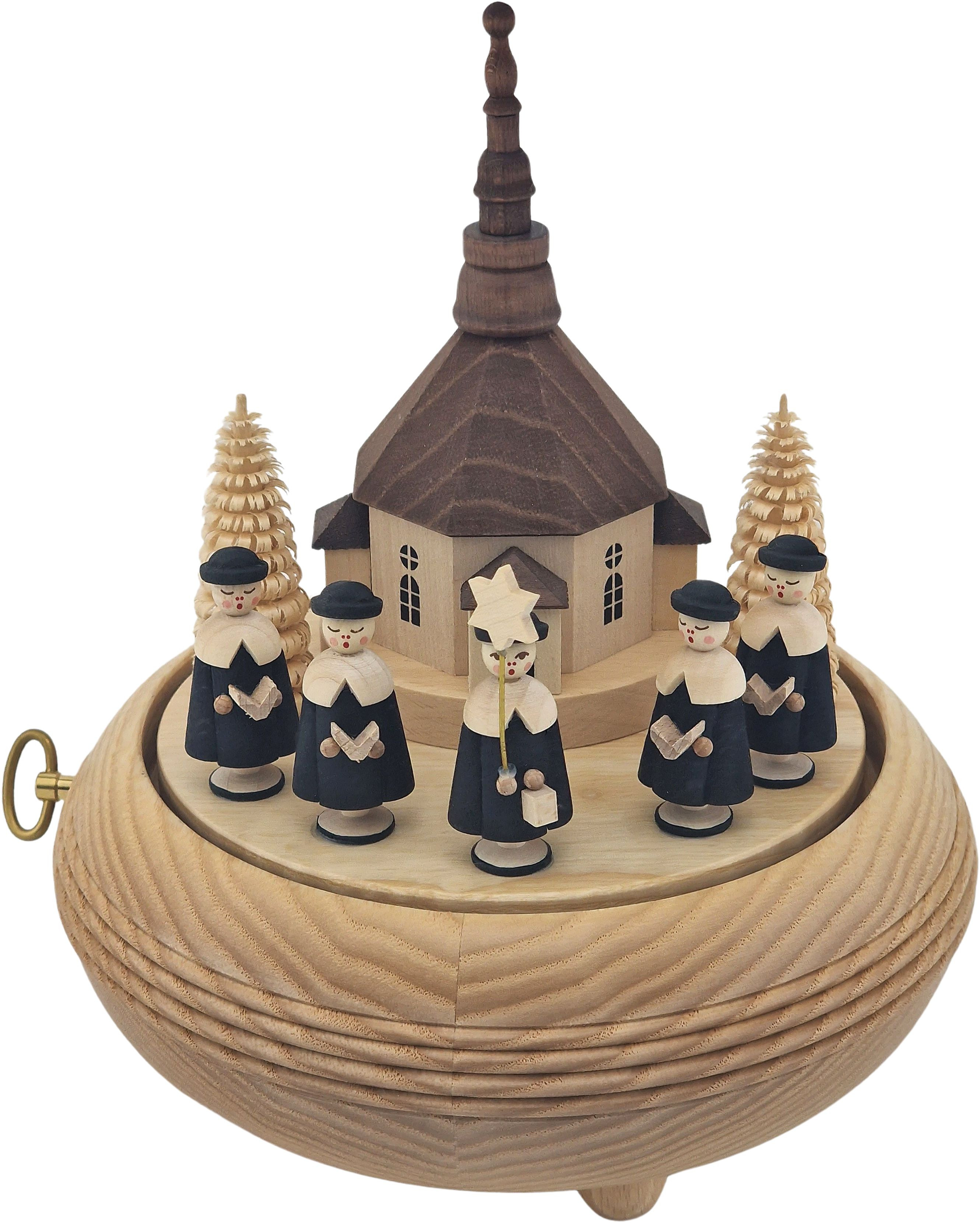Richard Glässer Spieldose Seiffener Kirche mit Kurrende, 36er Spielwerk - Stille Nacht