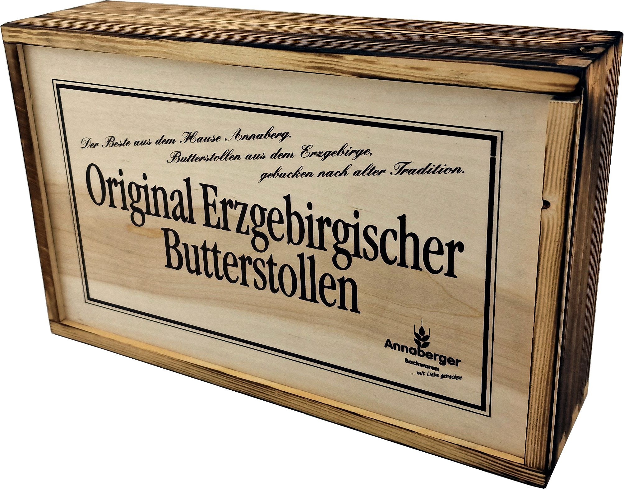 Original Erzgebirgischer Butterstollen in der Holzkiste