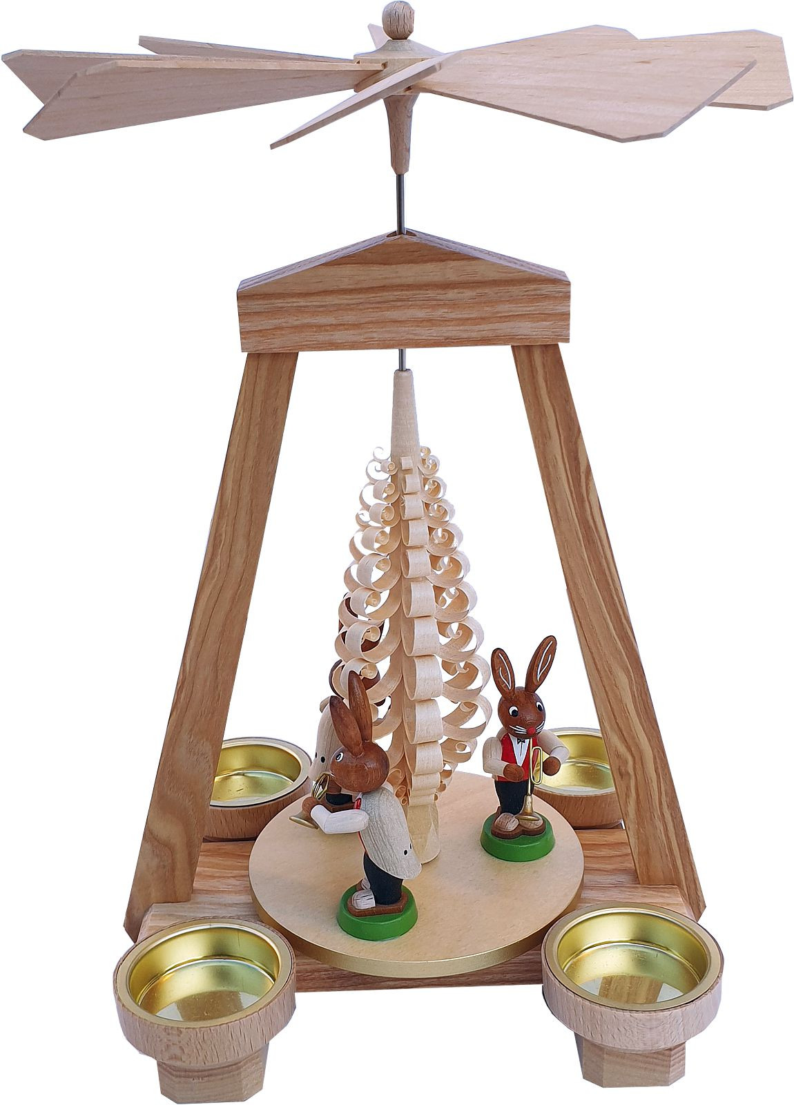 Seiffener Handwerksschau Osterpyramide in natur mit 3 farbigen Hasen und Trompete