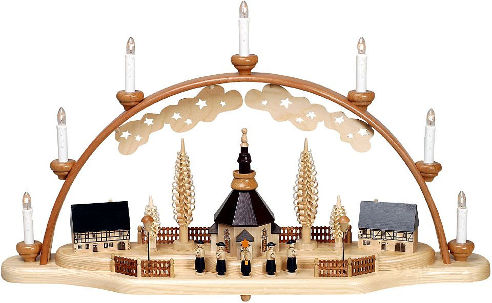 zeidler Schwibbogen, mit Seiffener Kirche mit Kurrende schwarz, elek. bel., 7 Kerzen zeidler Schwibbogen, mit Seiffener Kirche mit Kurrende schwarz, elek. bel., 7 Kerzen