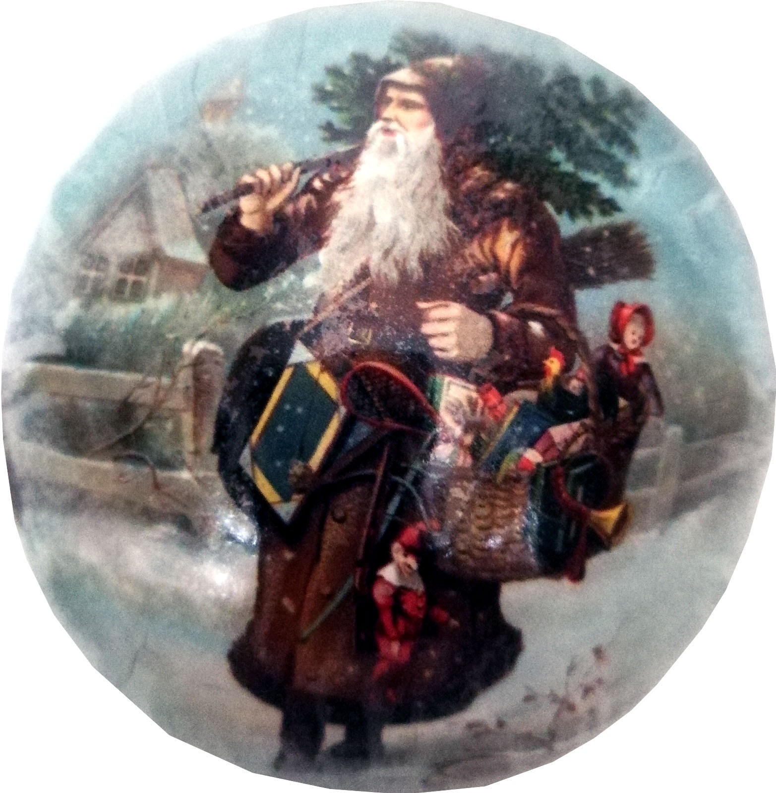 Weihnachtskugeln - Weihnachtsmann mit Baum auf Schulter, 10 cm