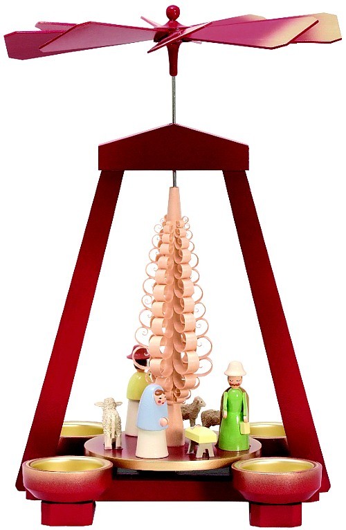 Seiffener Handwerksschau Weihnachtspyramide Geburt, bordeaux, Figuren pastell