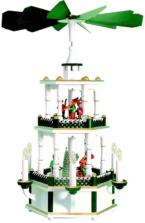 Seiffener Handwerksschau Weihnachtspyramide Winterkinder, weiß/grün, verschneiter Zaun
